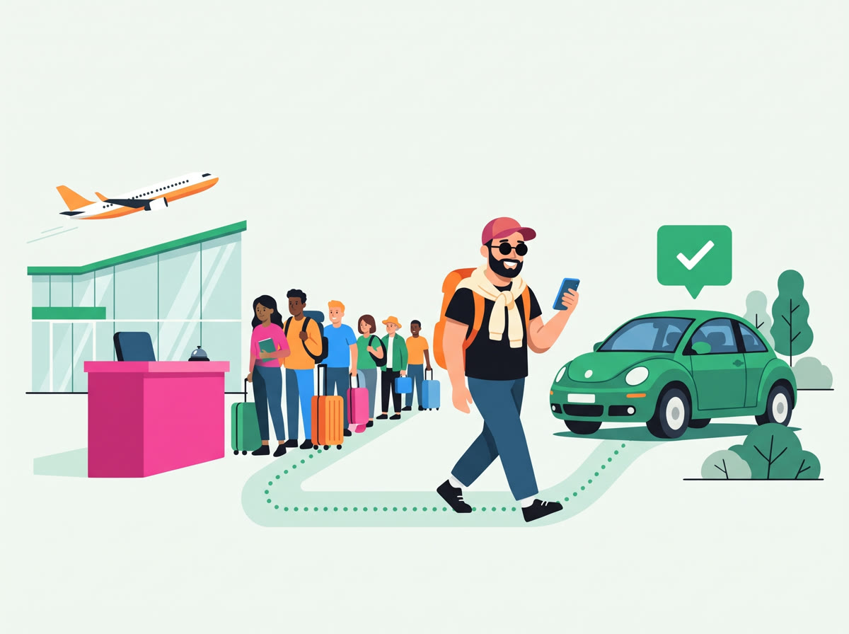 A traveller walks past the queue at the rental desk to a shared car he unlocks with his phone